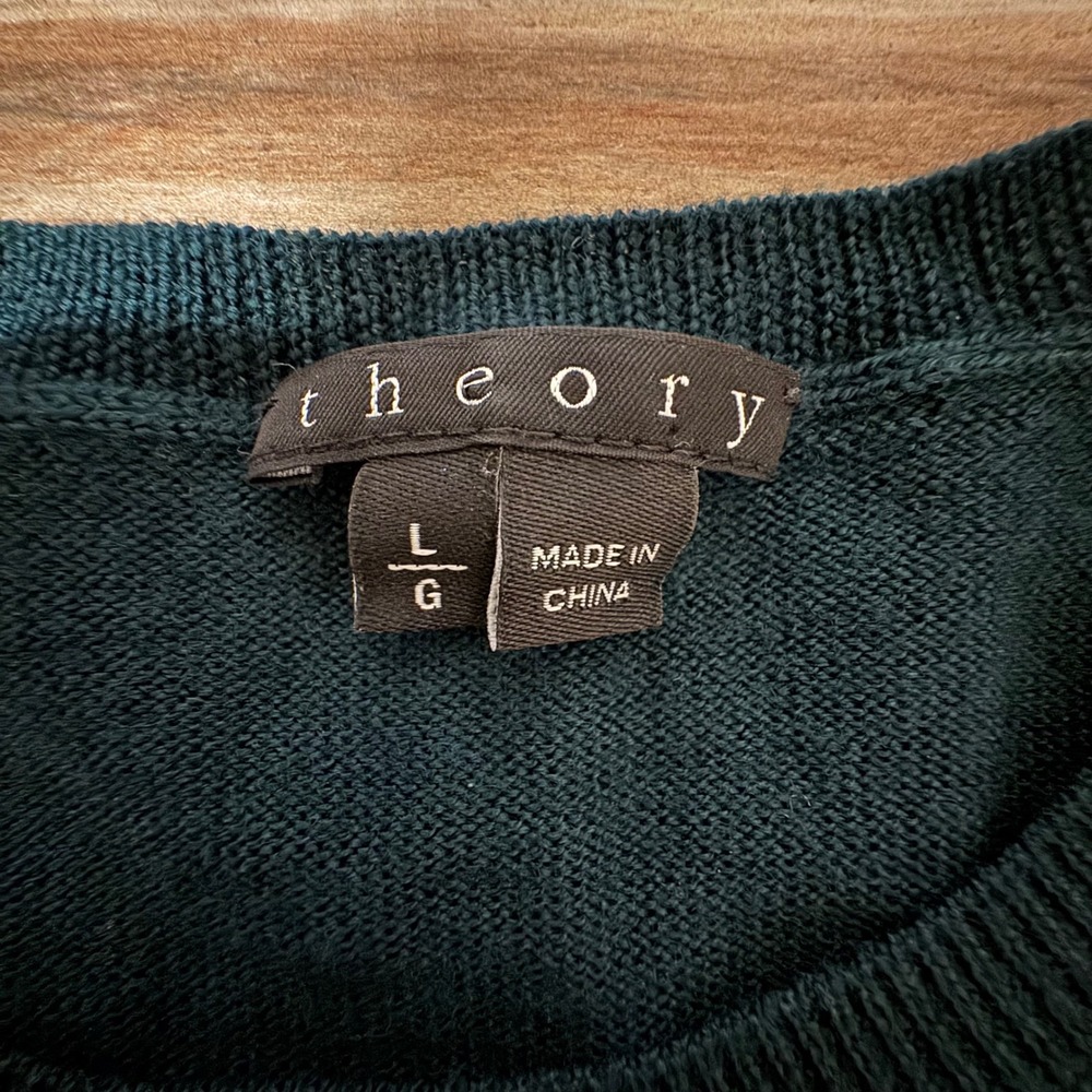Theory Womens Forest Green 100% Wool Crew Neck Sweater Black Trim Size L - Picture 2 of 6